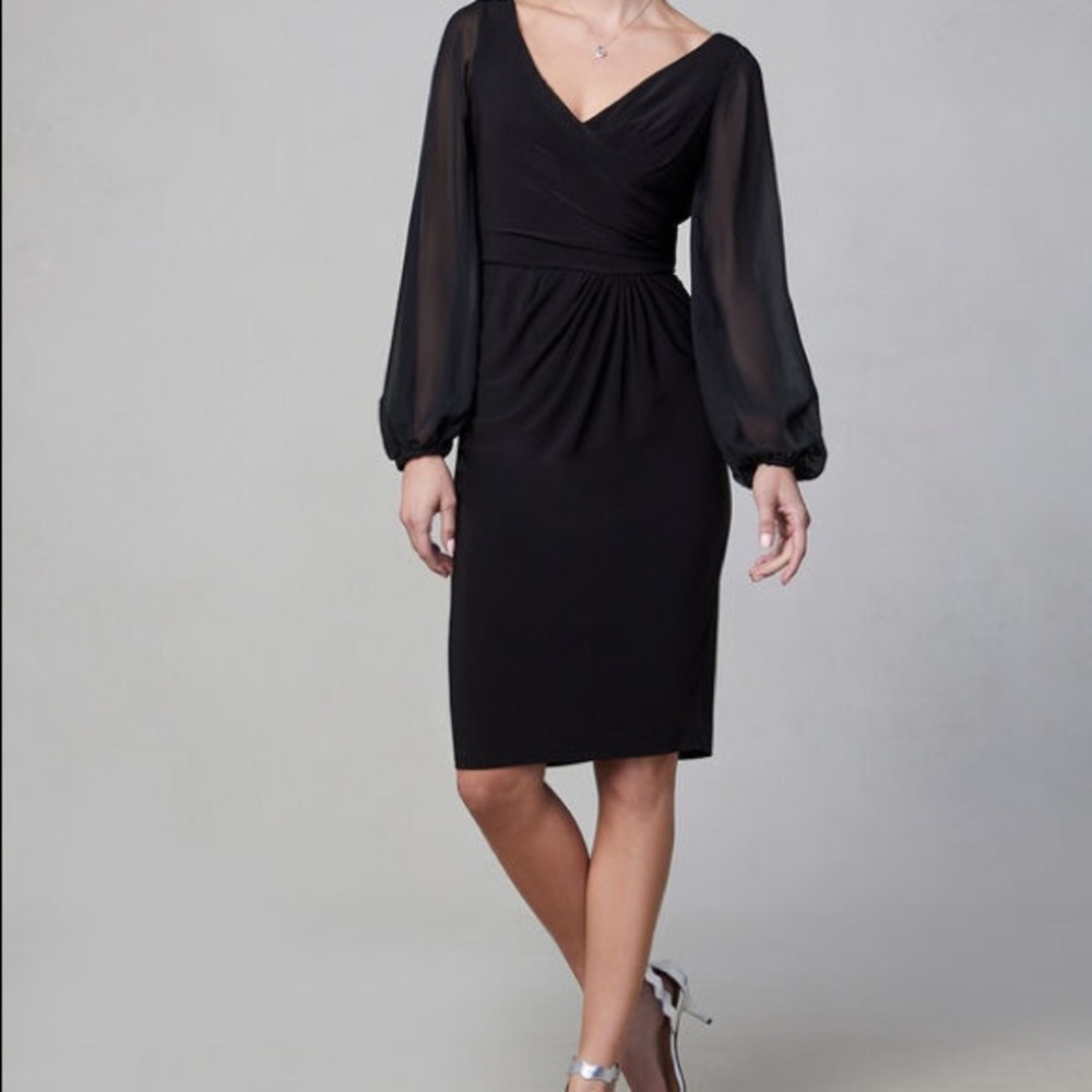 Adrianna Papell Sheer Sleeve Midi Black Dress